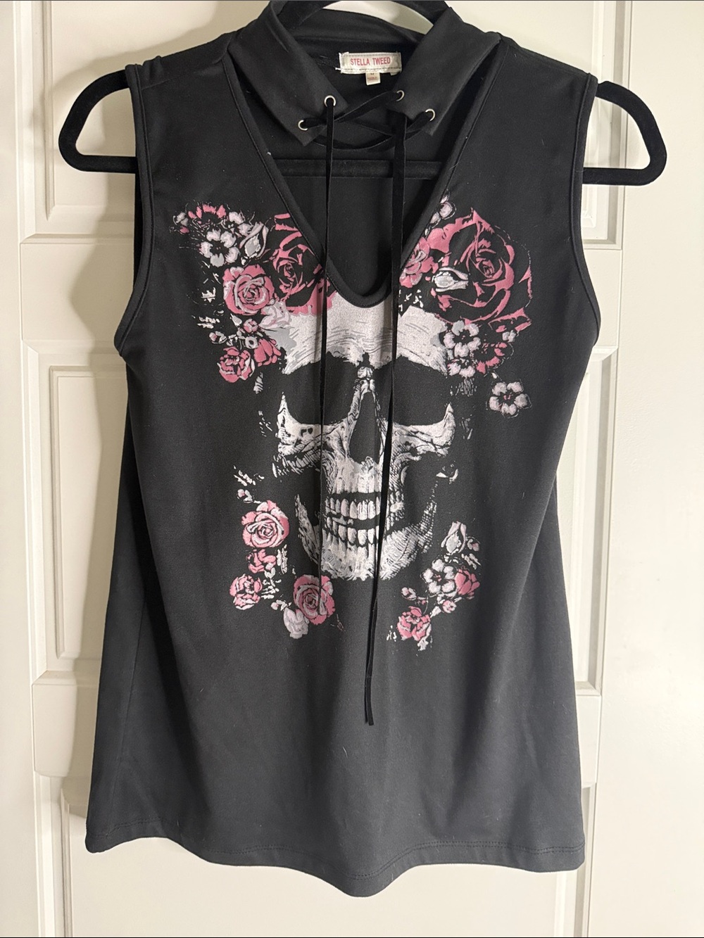 Stella Tweed Black Tank Top with Pink Floral Skull Graphic